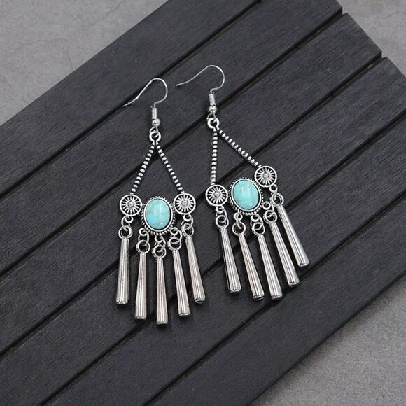 Bohemian Vintage Style Faux Turquoise & Silver Tassel Long Dangle Earrings - Picture 1 of 5